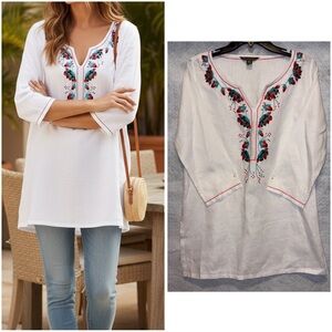 Tommy Bahama Top Womens S White Linen Embroidered Boho Peasant Tunic Casual